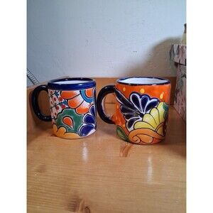 Coffee Tea Mugs Mexican Talavera Folk Art Pottery Signed 16 Oz. Set Of 2